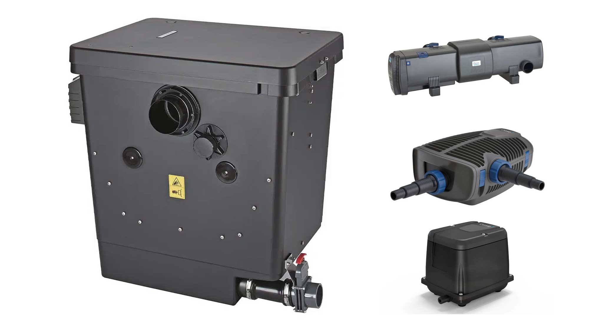 The 20000 Litre Pump Fed Drum Filter Kit is a complete filtration system for koi ponds of up to 20,000 litres. It includes the Oase Compact-M pump fed drum filter with moving bed biological filter chamber, along with perfectly paired UV clarifier, filter pump, and air pump.