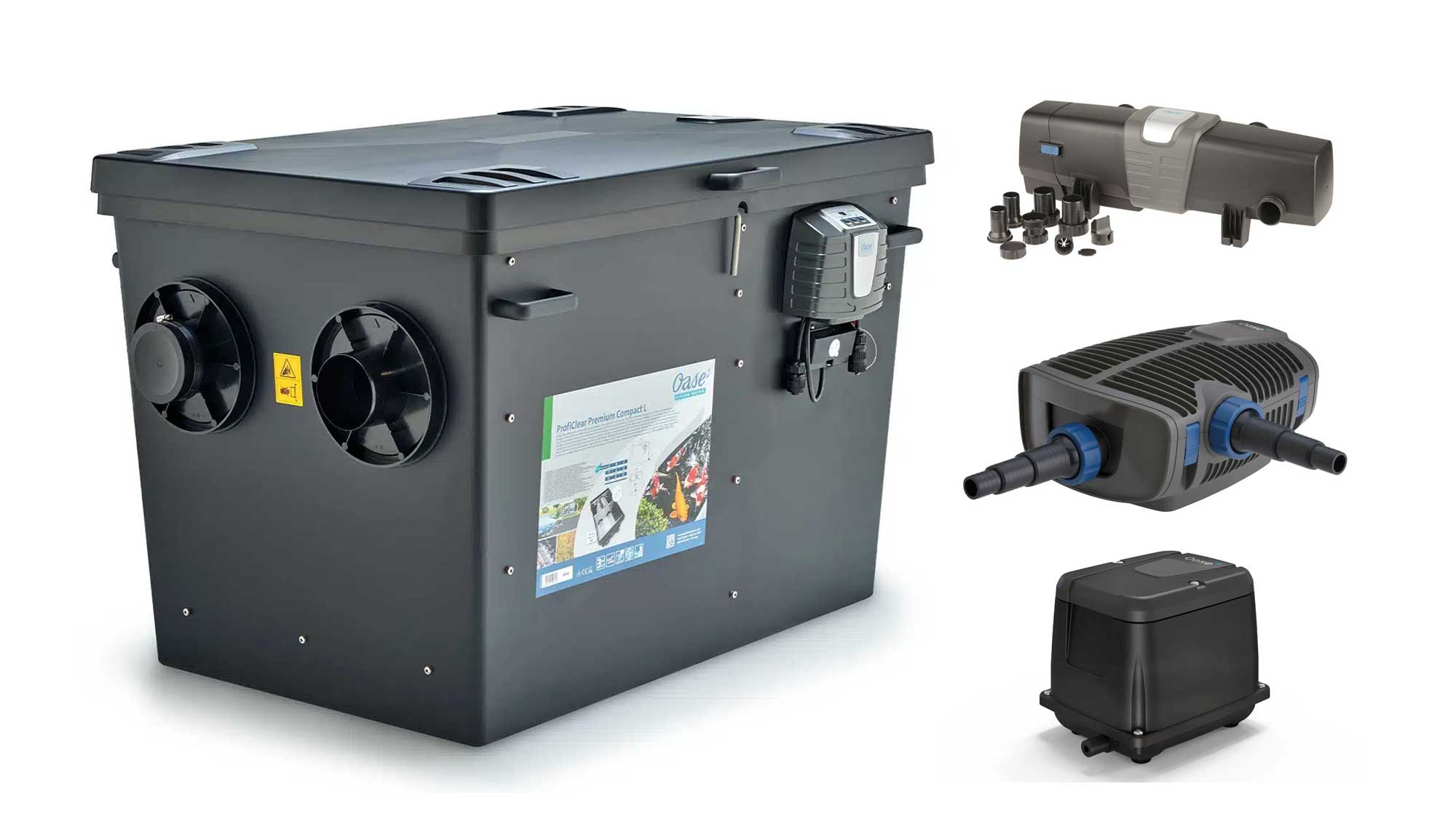 The 30000 Litre Pump Fed Drum Filter Kit is a complete filtration system for koi ponds of up to 30,000 litres. It includes the Oase Compact-L pump fed drum filter with moving bed biological filter chamber, along with perfectly paired UV clarifier, filter pump, and air pump.