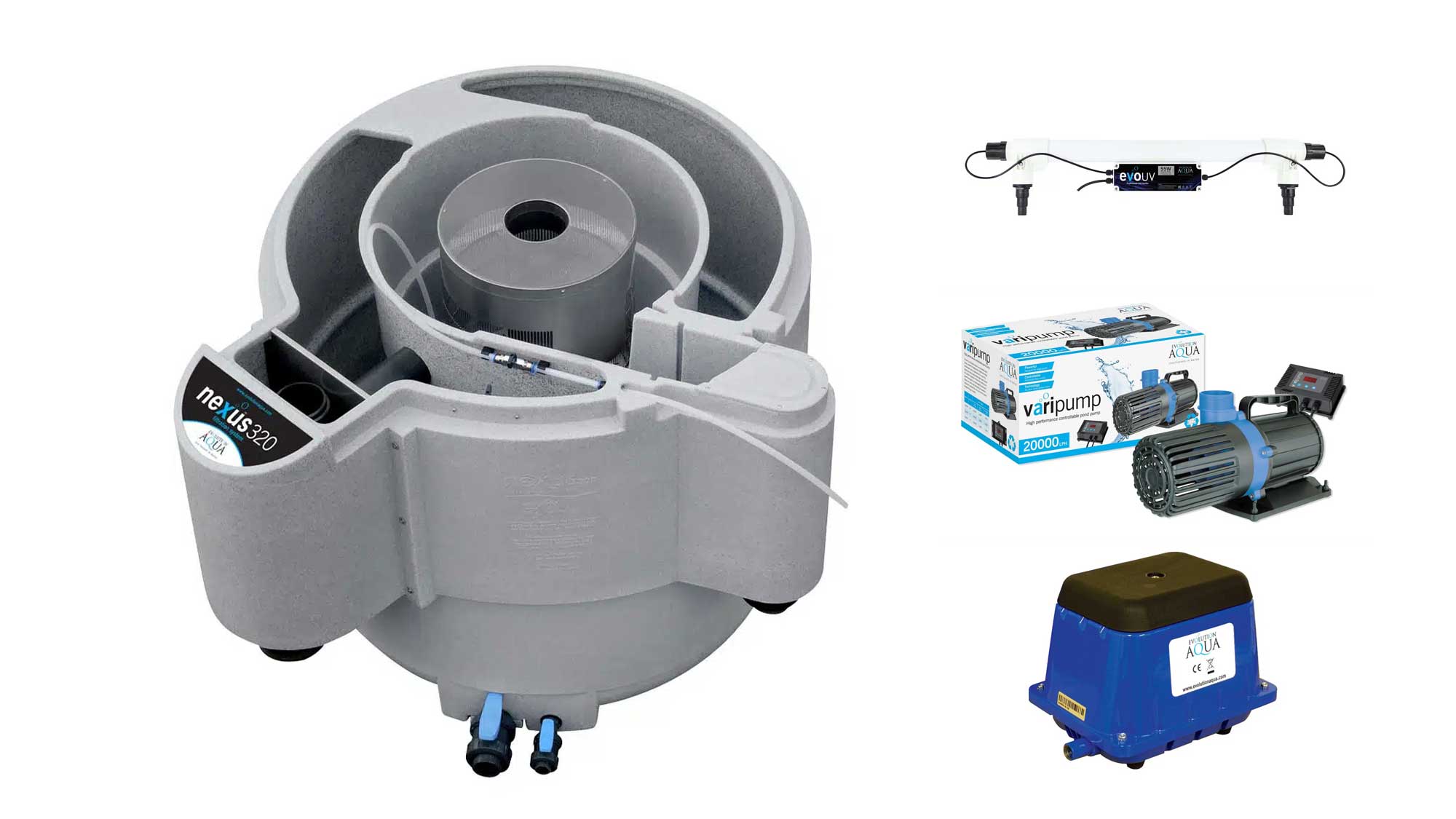 The Evolution Aqua 34000 Litre Nexus320+ Koi Filter Kit is a complete filtration system for koi ponds up to 34,000 litres. It includes the award winning Nexus320+ pond filter with outer moving bed and inner vortex chambers, along with perfectly paired UV clarifier, filter pump, and air pump.