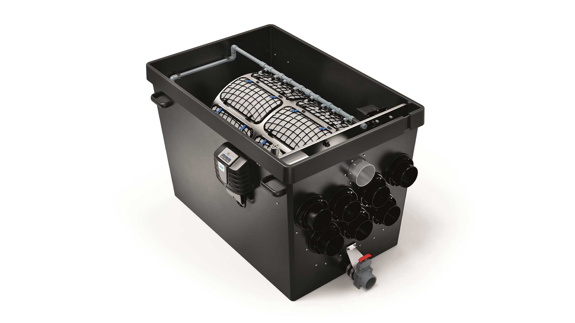 The Oase ProfiClear Premium DF-XL Gravity-Fed OC drum filter is suited to very large natural ponds up to 530m³ and koi ponds up to 100m³.