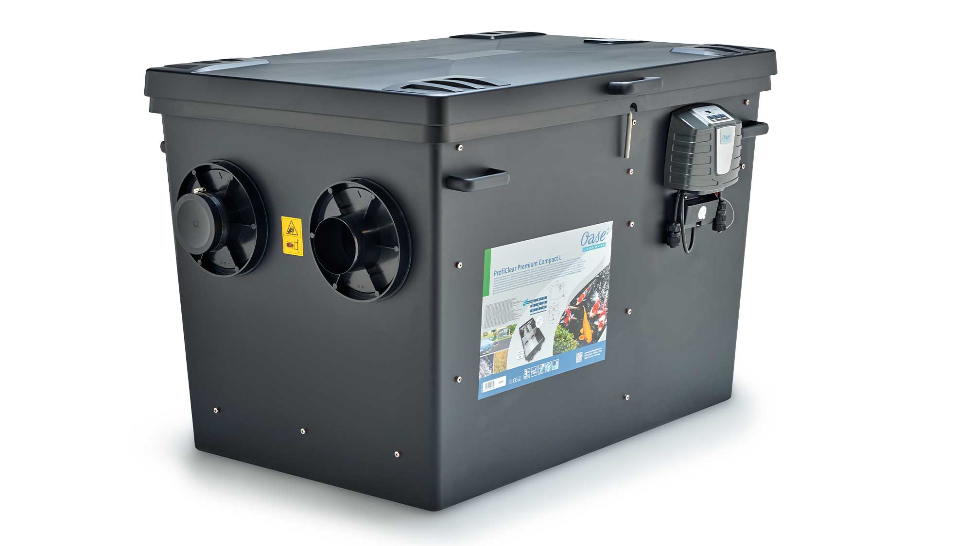 Oase Proficlear Premium Compact-L Pump-Fed OC drum filter is for natural ponds to 120m³, goldfish ponds to 60m³, and koi ponds to 30m³.