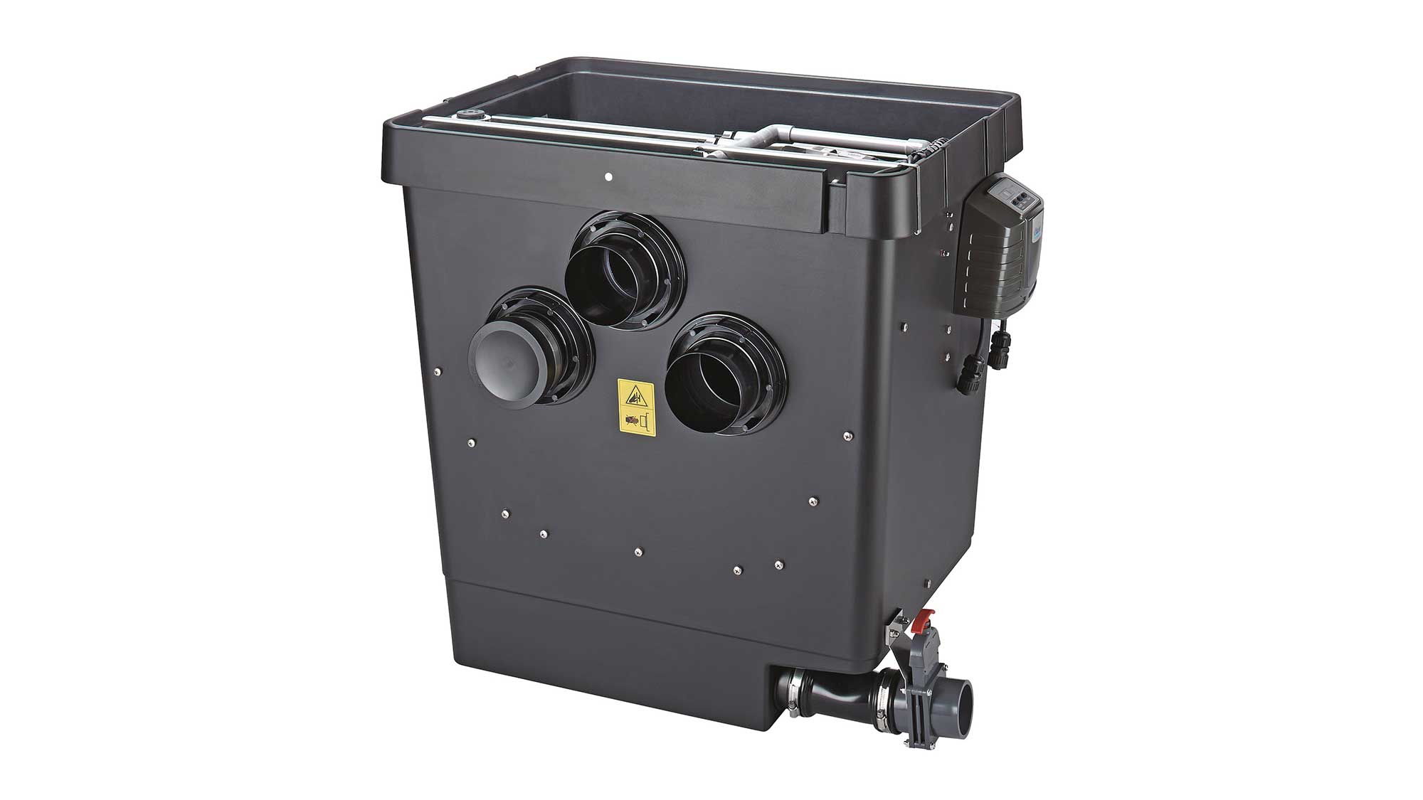 The Oase Proficlear Premium Compact-M Gravity-Fed OC drum filter is for natural ponds to 88m³, goldfish ponds to 44m³, and koi ponds up 22m³.