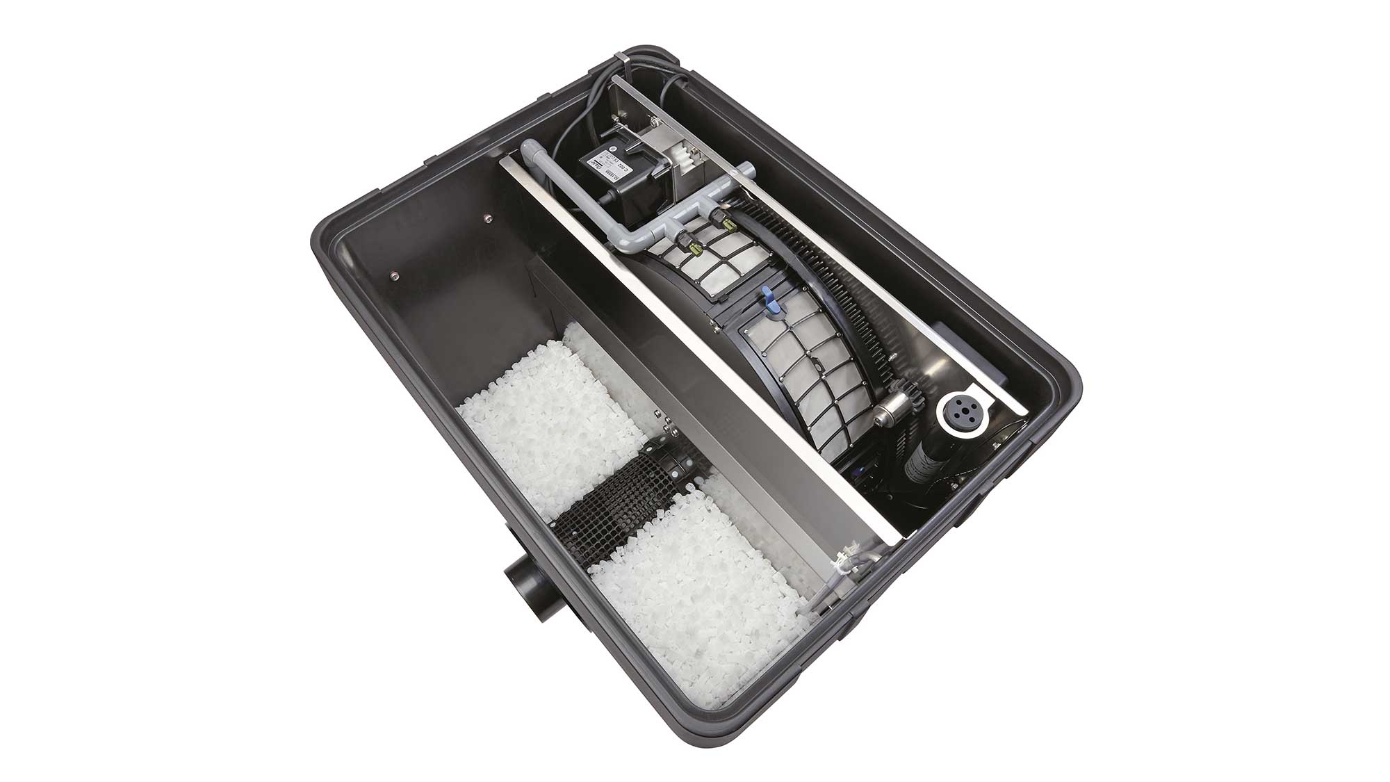 The Oase Proficlear Premium Compact-M Gravity-Fed Drum Filter is ideal for natural or swim ponds up 88m³, goldfish ponds to 44m³, and koi ponds up 22m³.