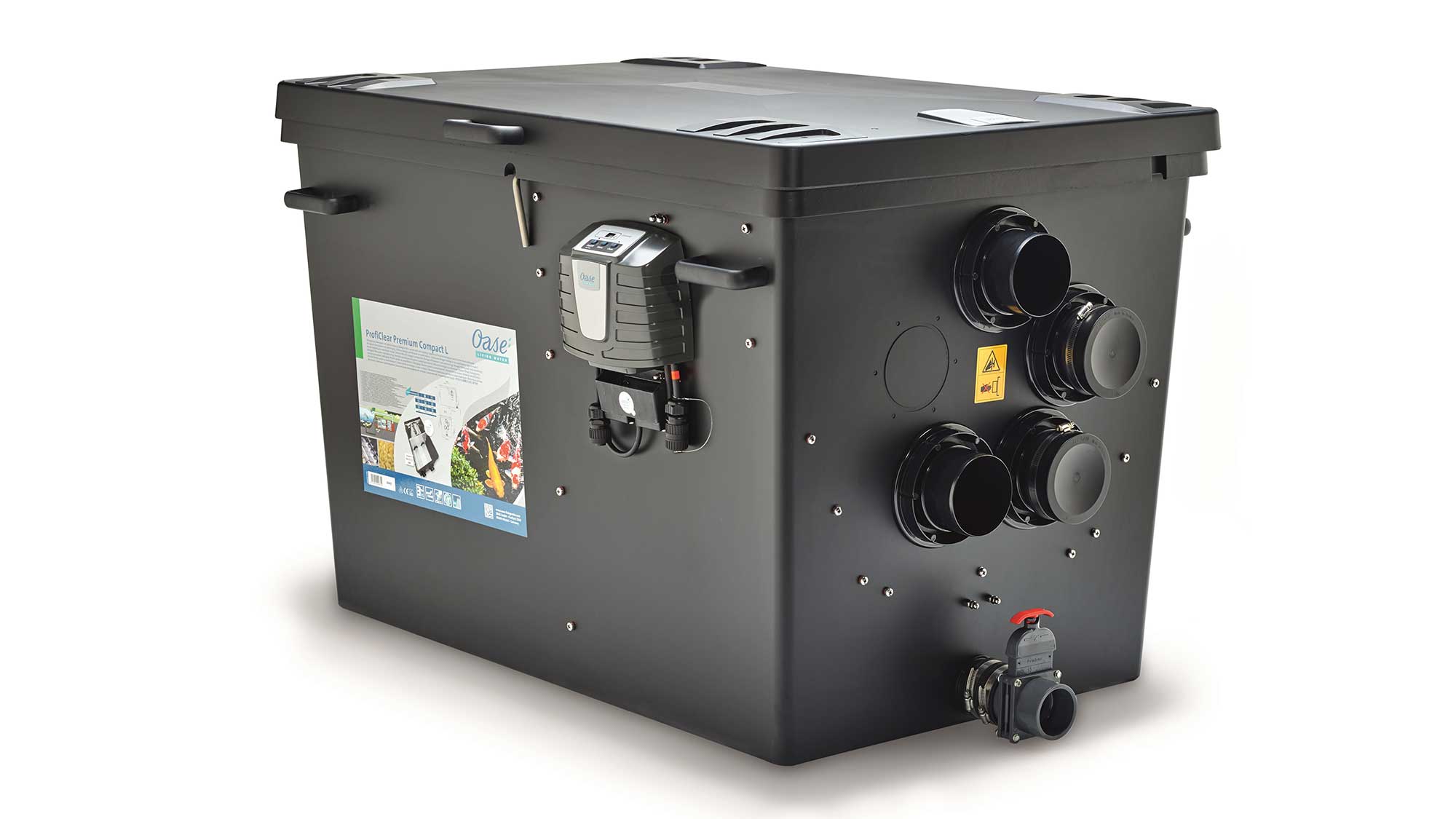 Oase Proficlear Premium Compact-L Gravity-Fed OC drum filter is for natural ponds to 140m³, goldfish ponds to 70m³, and koi ponds to 35m³.